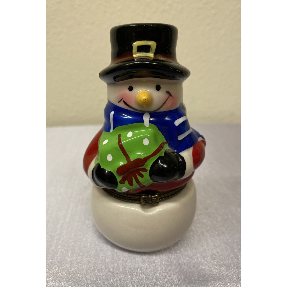 Christmas Porcelain Snowman Hinged Jewelry Trinket Box 4" H Black Hat Blue Scarf